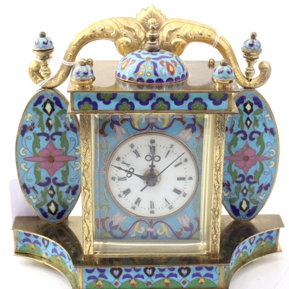 Chinese Cloisonne Enamel and Brass Portrait Mantel Clock